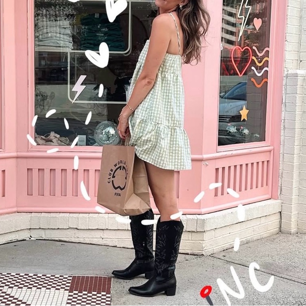 Gingham Tiered Spaghetti Strap Dress - Light Sage - Picture 5 of 8
